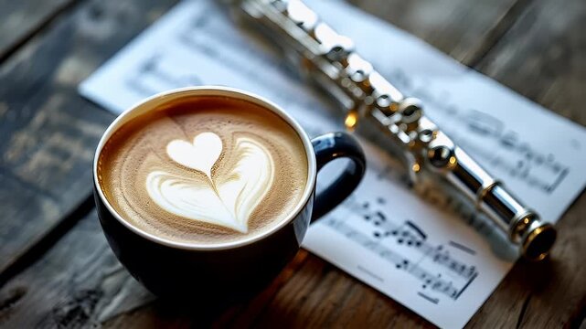 A closeup shot of a coffee cup with a heartshaped latte art on its surface, accompanied by a flute and sheet music. The coffee cup is black, and the flute is silver with gold accents.