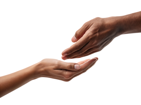 Two hands reaching towards each other one giving and one receiving, cutout, PNG isolated on transparent background