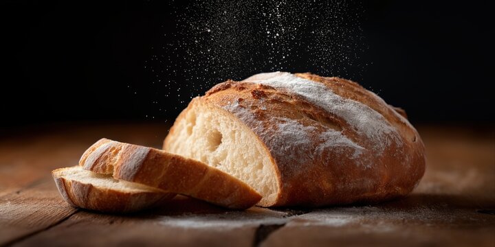 Freshly baked artisan bread loaf with flour dusting on wooden table