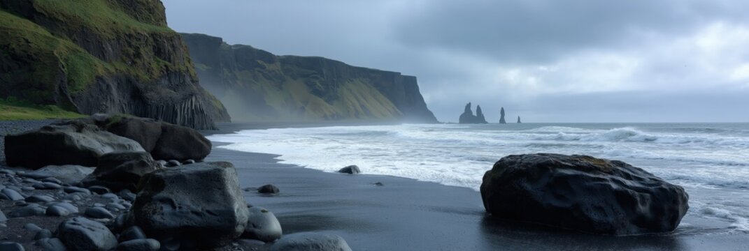 Dramatic seaside landscape with rocky shorelines and ocean waves at reynisfjara beach, iceland
