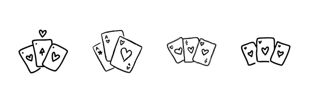 Playing Cards Line Icon Set In Doodle Style. Gambling, Poker, And Casino Game Symbols Outline Sketch Collection. Hand Drawn Isolated Vector Illustration