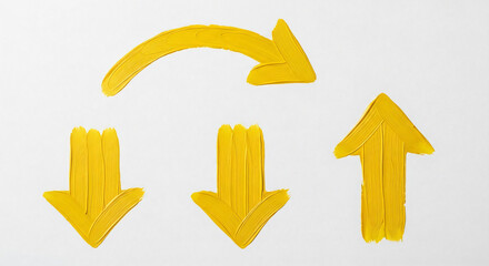 Yellowish-yellow arrows isolated on a white background, a group