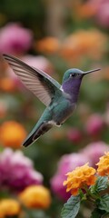 Naklejka premium Vibrant hummingbird in flight among colorful blossoms