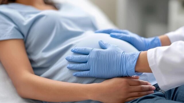 A healthcare professional's gloved hands gently perform a prenatal examination on a pregnant woman's baby bump during a medical check-up.