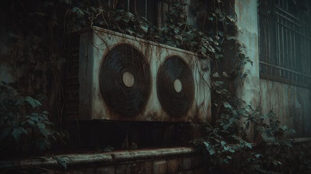 Abandoned Building with Dusty Air Conditioners and Vines in Post-Apocalyptic Setting - Powered by Adobe
