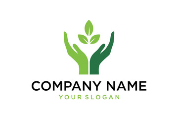 Green hands holding leaves logo design for nature care, environmental protection, and organic sustainability