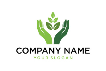 Green Hands Holding Leaves Logo Design - Eco-Friendly Nature Care Symbol