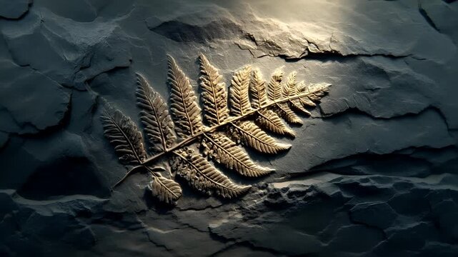 Fossil in rock. A closeup of a fern leaf on a dark, textured surface. The ferns intricate details are highlighted by the light source, casting a warm, golden hue over the scene.