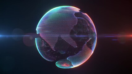 Digital earth globe with colorful dots and light flares on dark background illustration - Powered by Adobe