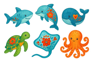 Cute watercolor nautical set, kawaii color sea creatures collection. Ocean animals clipart, colorful water fauna, traced vector. Shark, dolphin, whale, turtle, stingray, octopus with floral elements