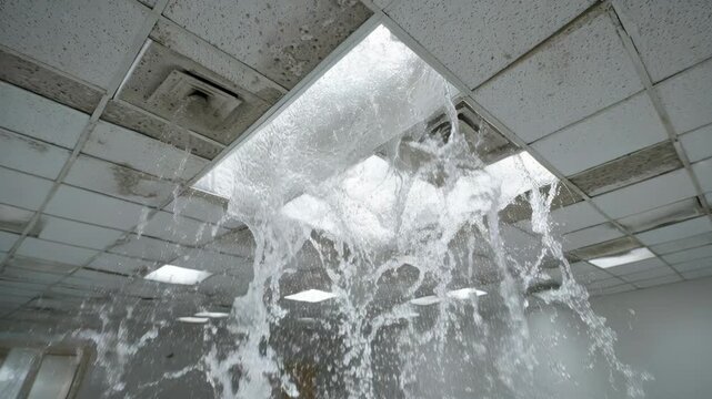 Water gushing from a damaged office ceiling, indicating a major leak, burst pipe, or significant flood.
