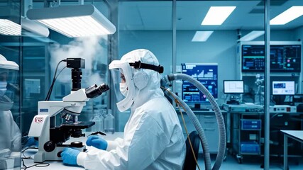 Scientist in a full cleanroom suit and mask examines a sample under a microscope in a high tech, brightly lit laboratory - Powered by Adobe