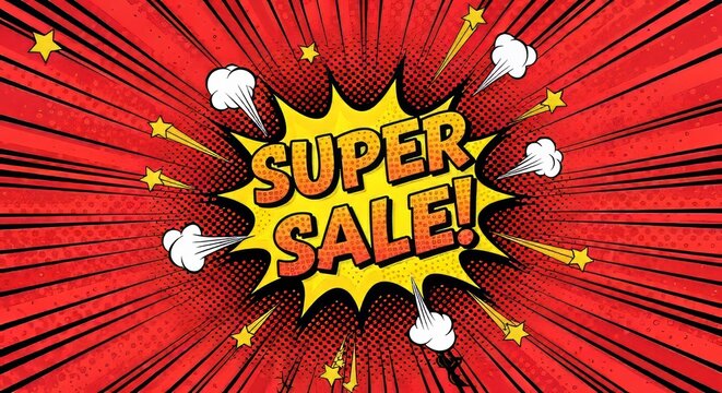Super Sale Comic Explosion Poster in Pop Art Style with Red Rays and Yellow Stars
