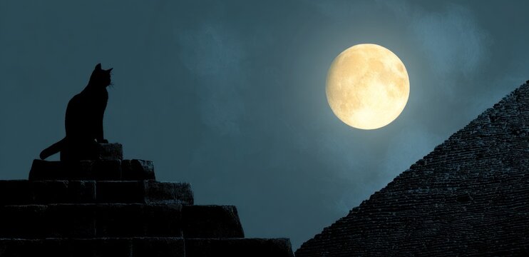 Silhouette of a cat watching a full moon at night with pyramid