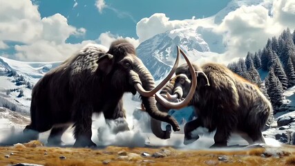 A vivid portrayal of a pair of mammoths in a snowy, mountainous landscape. The mammoths are depicted in a dynamic pose, with their tusks extended.