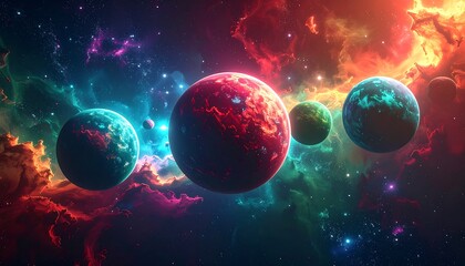 Array of colorful planets with vibrant nebula backdrop against dark space, stars twinkling