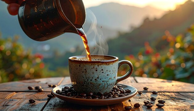 Aromatic dark coffee pours into a speckled cup atop a weathered table with beans, hills, & sunset backdrop