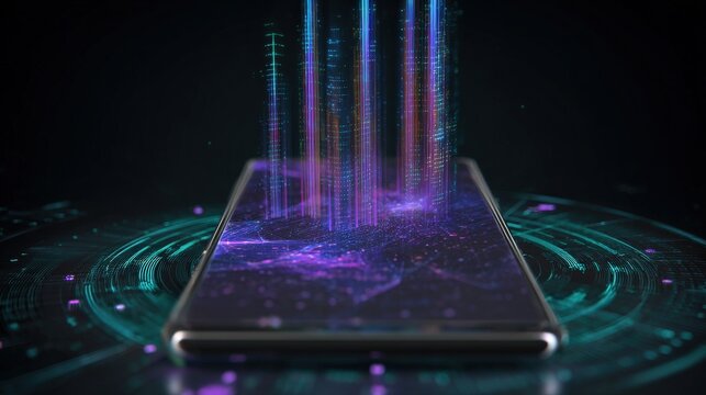 Digital Flow on Smartphone: A close-up view captures the mesmerizing flow of digital information pouring into a smartphone, symbolizing seamless connectivity and modern data exchange. - Powered by Adobe