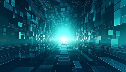 Blue geometric shapes align, leading towards a bright, glowing center point in a tunnel-like structure