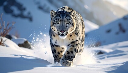 Fototapeta premium A snow leopard approaches, walking through snow-covered mountains in bright sunlight. Clear focus on its piercing eyes