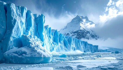 Blue ice glacier contrasts with snowy mountain peak under a cloudy sky
