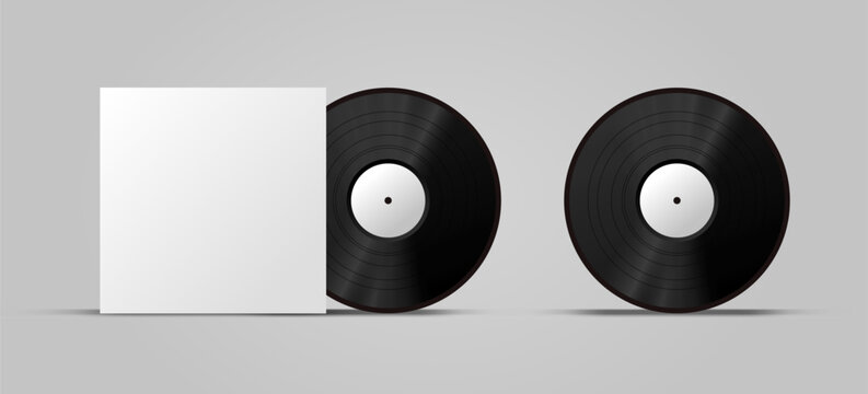 Vinyl disk mockup on white background. Retro old plate record and case mockup 