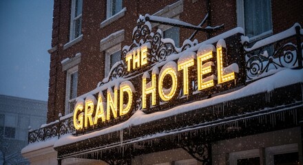A vintage hotel sign illuminated in the snow. The Grand Hotel is prominently displayed with bright lights against a winter backdrop.