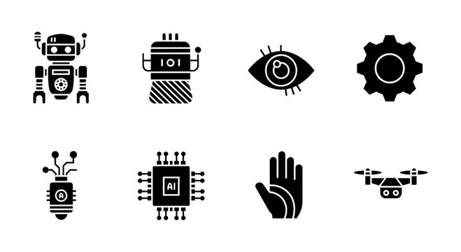 Futuristic robotics and ai icons in bold silhouette style for modern design