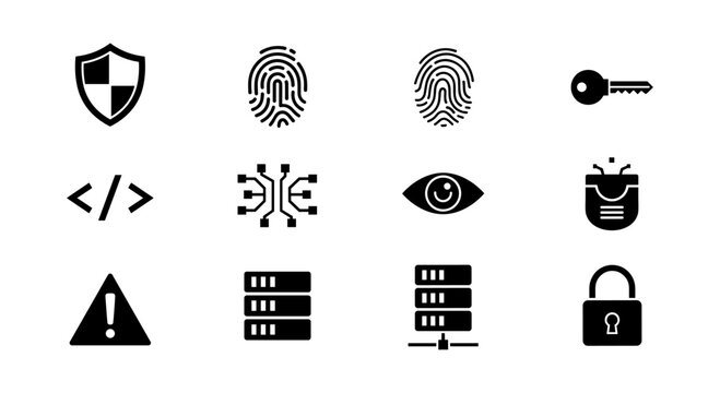Security icon set: shield, fingerprint, lock, key, server, coding, eye, network symbols