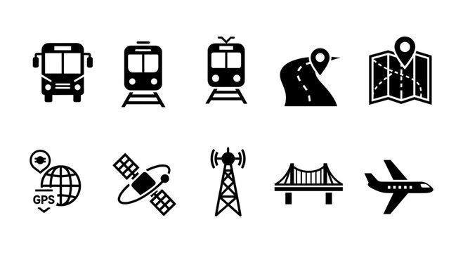 Transportation and navigation icons featuring buses, trains, maps, and gps symbols in bold black silhouette style