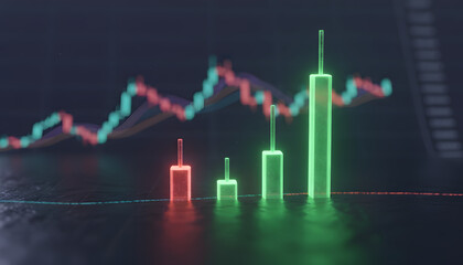 Dynamic financial chart shows market trends with glowing green and red candlestick indicators