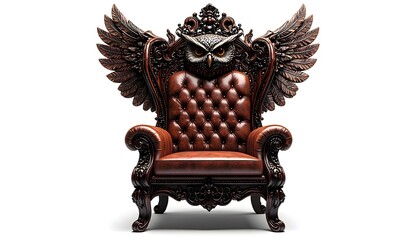 Exquisite wooden throne with leather seat and owl carving high resolution picture