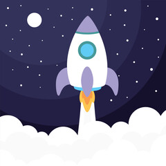 cartoon rocket in space, flat style