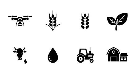 Farming technology icons: drone, crops, tractor, barn, and more in bold design