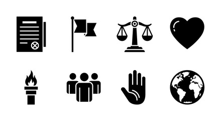 Black silhouette icons representing justice, unity, and global themes