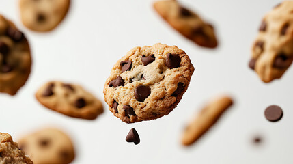 Floating Chocolate Chip Cookies on White Background for Baking Concept with copy space for National Cookie Day, Chocolate Chip Cookie Week, Cookie Exchange Day, Homemade Cookies Day