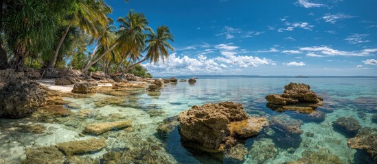 Tropical coastal landscape with palm trees rocks and crystal clear water under blue sky