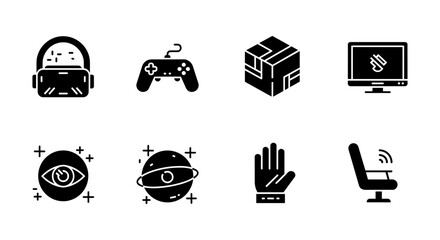 Stylish black game elements: virtual reality, gaming icons, tech interface