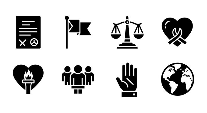 Silhouette icons: justice, peace, community, global awareness, heart symbol