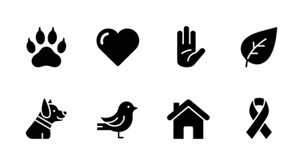 Minimalistic black silhouette icons of nature, animals, and symbols