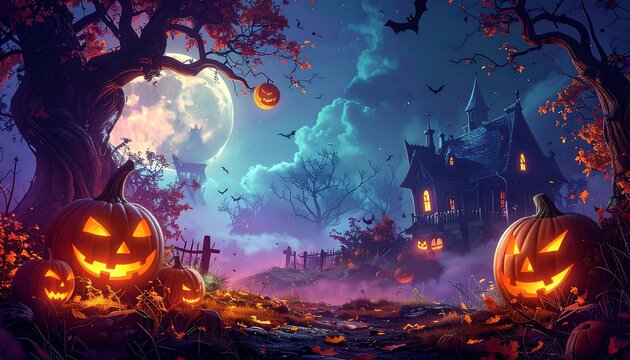 A spooky Halloween scene with pumpkins, a haunted house, and a large moon in the background