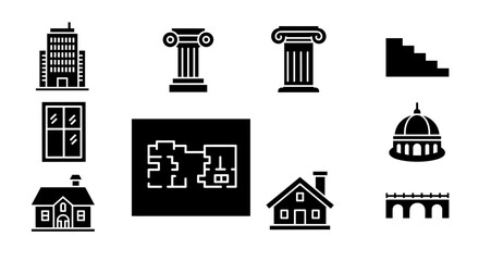 Fototapeta premium Architectural icons: classic columns, modern buildings, and detailed floor plans in minimalist style