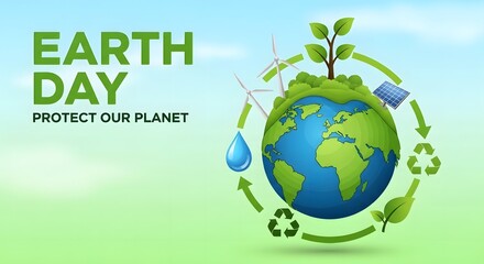 Earth day illustration with planet, recycling symbol, water drop and wind turbine