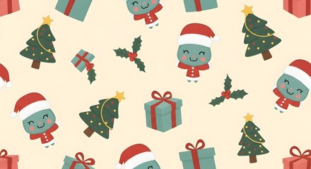 Cute christmas seamless pattern with cartoon character, gift box and tree