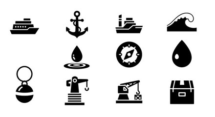 Nautical elements and symbols: ships, anchors, waves, and maritime icons in bold black silhouettes