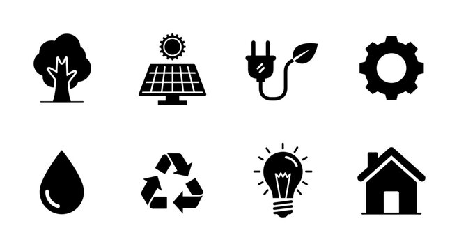 Eco-friendly icons: renewable energy and sustainable practices silhouette collection