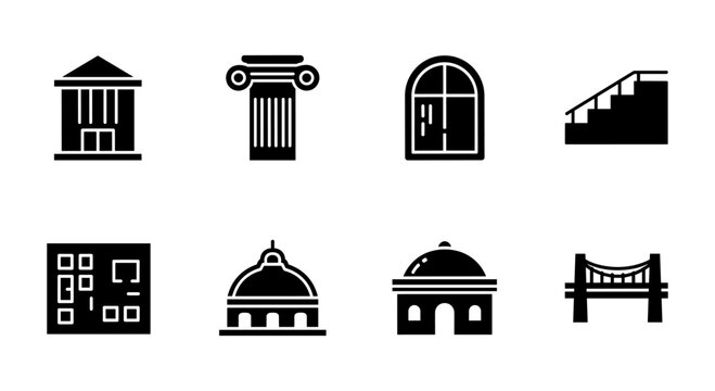 Architectural elements set: icon collection of buildings, columns, windows, and more