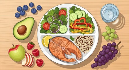 Healthy meal with salmon, grains, salad, avocado, and berries on a wooden table