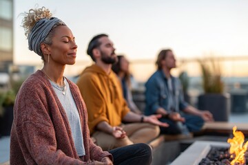 Gathering around a fire pit for meditation in an urban rooftop setting at sunset