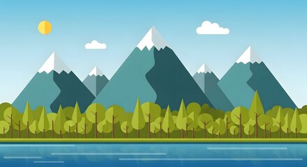 Flat design landscape with mountains, forest, river, sun, and clouds